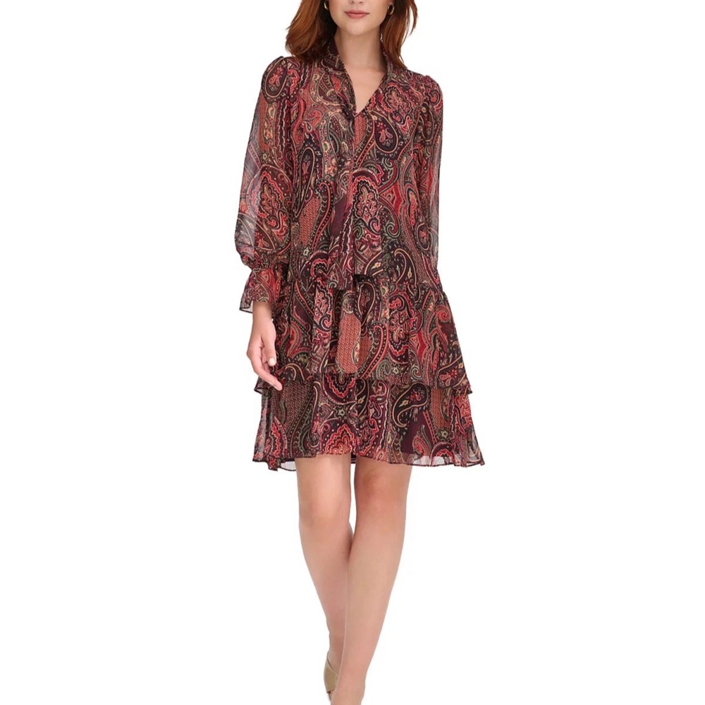 New TOMMY HILFIGER PAISLEY TIE Scarf NECK TIERED Boho Midi Flowy DRESS Western